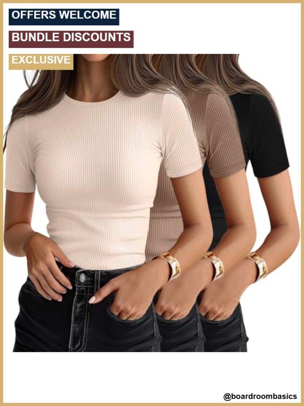 3 Pack Womens Ribbed Short Sleeve Crew Neck T Shirts Slim Fit Cotton Spandex